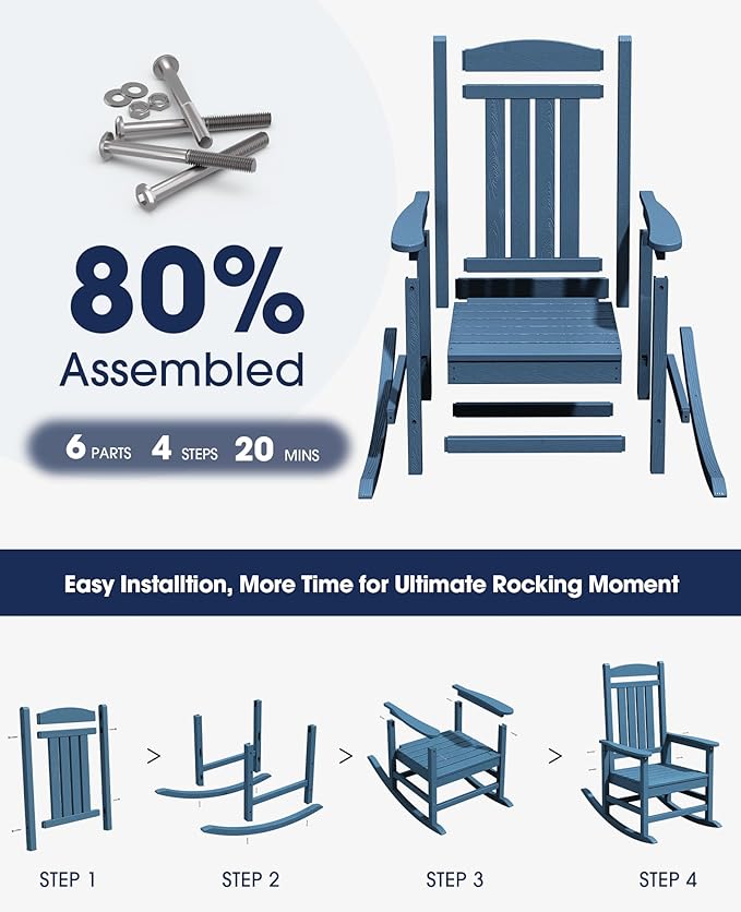 KINGYES HDPE Patio Rocking Chair Set of 4, Outdoor Rocking Chairs Porch Rocker for Adults, Navy