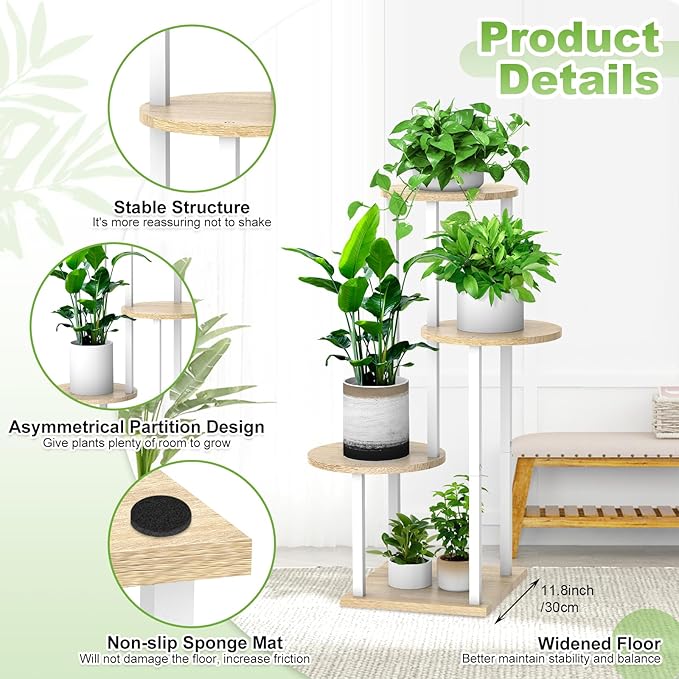 Plant Stand Indoor, 4 Tier Thickened Metal Corner Plant Shelf for Multiple Plants, Indoor Plants Tiered Flower Pot Stand for Patio Garden Balcony Living Room Bedroom (White Oak)