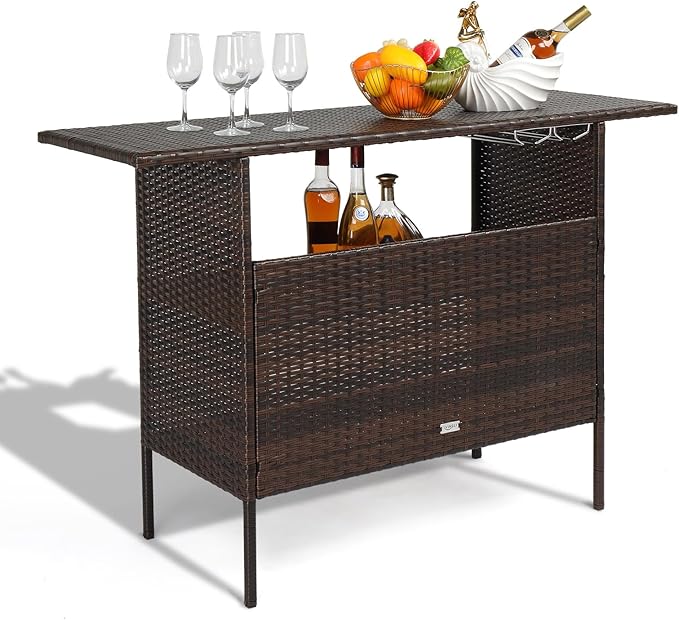 VINGLI Wicker Outdoor Bar Table with 2 Steel Shelves, Sets of Rails, Rattan Patio Storage for Backyard, Poolside, Garden