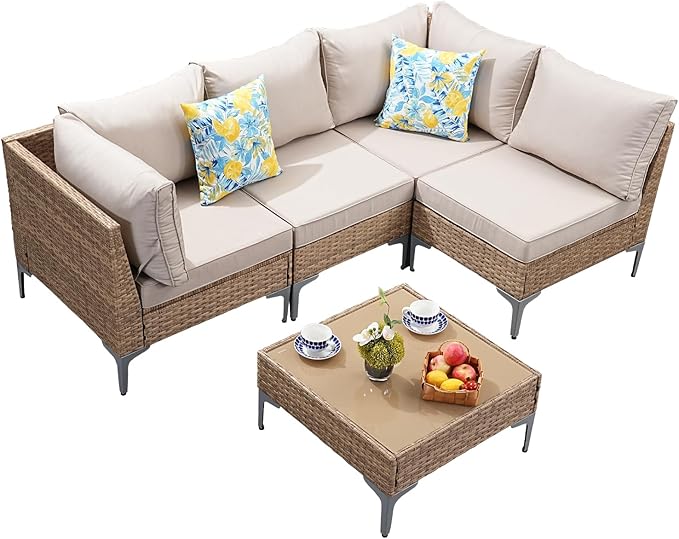 5-Piece Patio Furniture Set, Outdoor Wicker Sectional Sofa with Coffee Table, Anti-Slip & Thick All-Weather Cushions for Party, Garden, Backyard, Beige