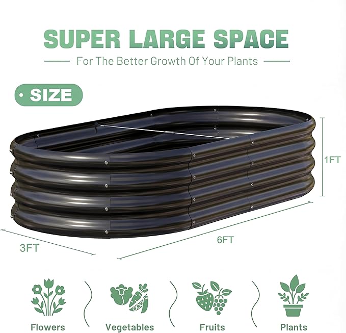 AHEONLAR 3 Pack 6×3×1ft Galvanized Raised Garden Beds, Oval Durable Planter Boxes Outdoor for Vegetables, Fruits, Flowers and Plants, Quick Assembly, Black