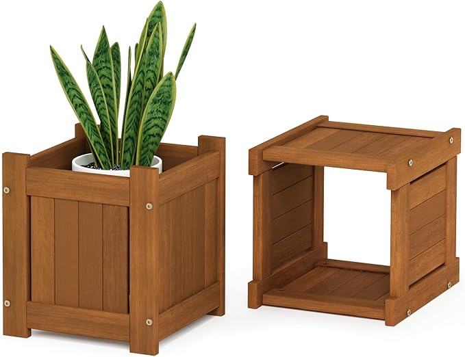 Furinno Tioman Hardwood Mini Outdoor Planter Box with Bench for Garden Plant