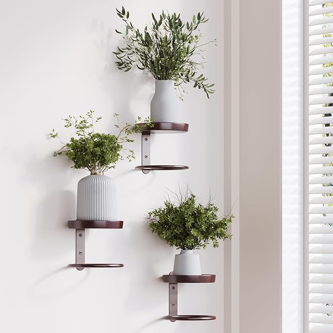 Metal Wall Planters Mid Century Modern Floating Shelves for Indoor Hanging Plants, Space-Saving Vertical Garden for Home & Office 3 Pack Coffee