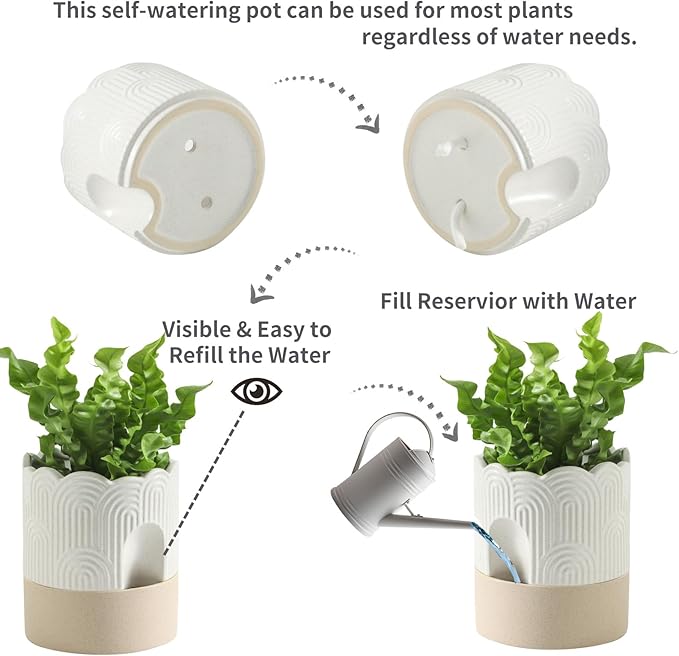 Nihow Self Watering Plant Pot: 6 Inch Ceramic Planter with Drainage Hole & Water Storage Plus - Relief Design Self Watering Pot for Indoor Plants - Beige & Nature Flower Pot