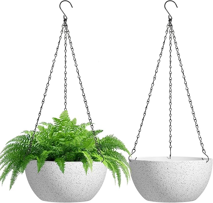 T4U 10 Inch Hanging Planters for Indoor Outdoor Plants - 2 Pack Plastic Hanging Flower Plant Pot with Drainage Hole, Round Hanging Plant Basket for Home Garden Porch Balcony Patio Decor (White)