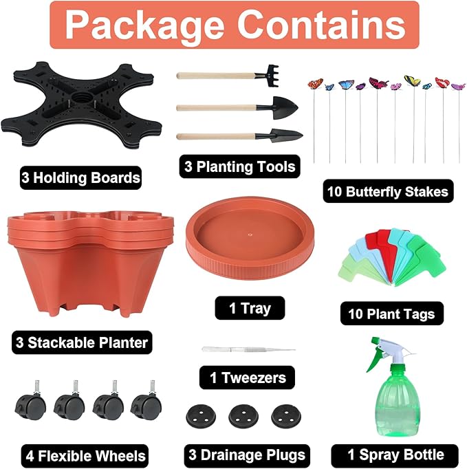 Vertical Planter 3 Tier Stackable Planters Garden Planters Strawberry Herb Flower and Vegetable Planter Indoor Outdoor Gardening Pots with Removable Wheels and Tools