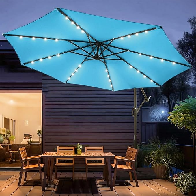 wikiwiki 10ft Solar LED Patio Umbrella with Base Included, Offset Umbrella with Weighted Sandbag Base, Cantilever Patio Umbrellas for Backyard, Garden & Deck, 32 LED Lights & Polyester Shade, Sky Blue