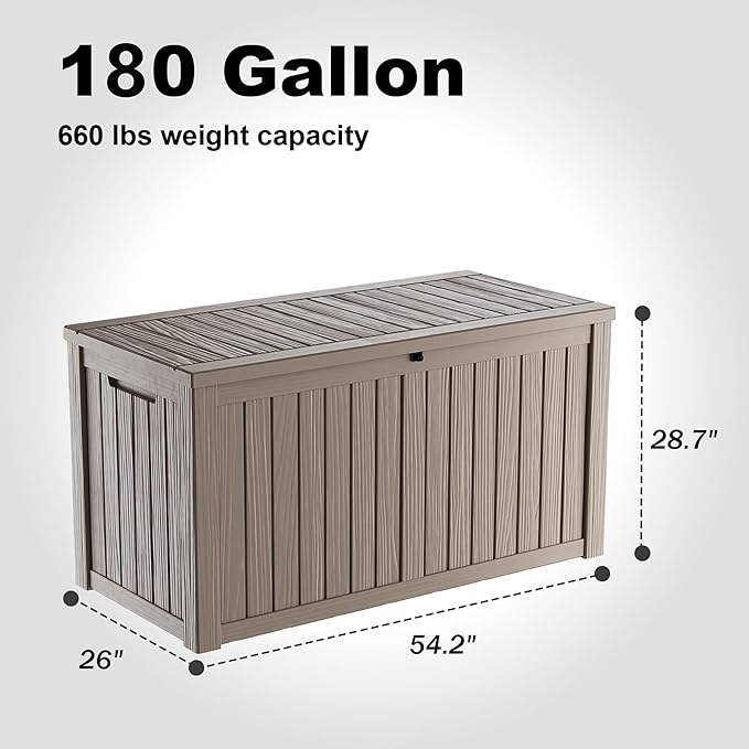 ROJIK Outdoor Storage Housing Deck Box - Waterproof Patio Furniture, Garden Tools, Cushions, Pool Accessories Storage Bench with Lockable Lid and Side Handles (Grey, 180 Gal)