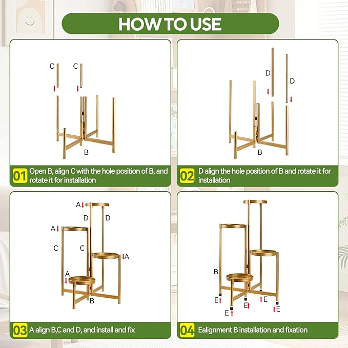 4 Tier 31 Inch Plant Stand Indoor Outdoor, Metal Plant Shelf Waterproof, Plant Holder with Folding Design For Home, Living Room, New Upgrate Gold