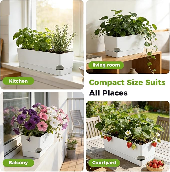 2 Pack Self Watering Pots for Indoor Plants 17 Inches Window Boxes Planters Rectangular Flower Pots Rectangle Herb Pots Large Plant Pots with Drainage Holes and Saucers Windowsill Planter, White
