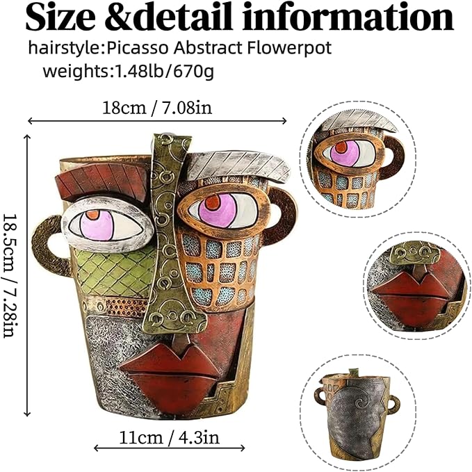 Picasso Abstract Face Flower Pot,Unique Resin Crafted Planter with Drainage Holes,Interesting Colorful Planter with Human face,for Indoor and Outdoor Botanical Home décor (Retro)
