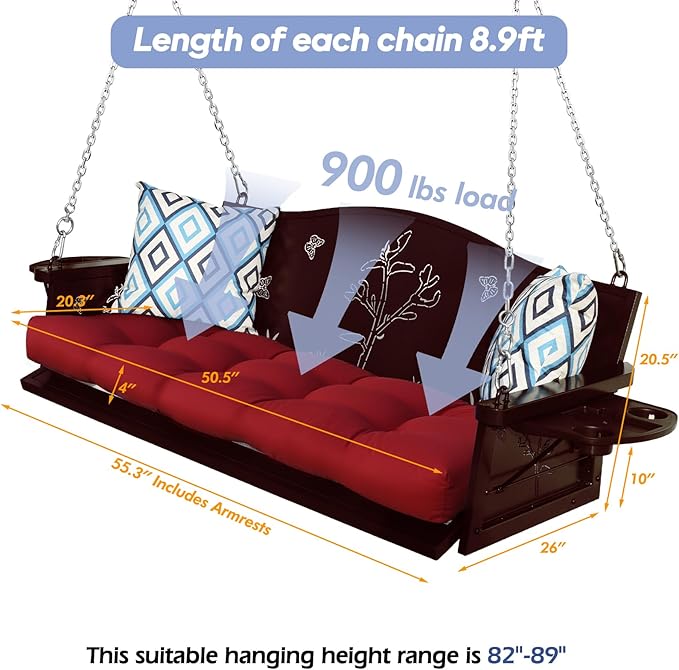 3-Seat Metal Porch Swing 900 LBS Heavy Duty Hanging Bench with Upgraded Tray & Cushions Rust-Resistant Finish Swing Chair with 8.9FT Chains for Patio Lawn Garden