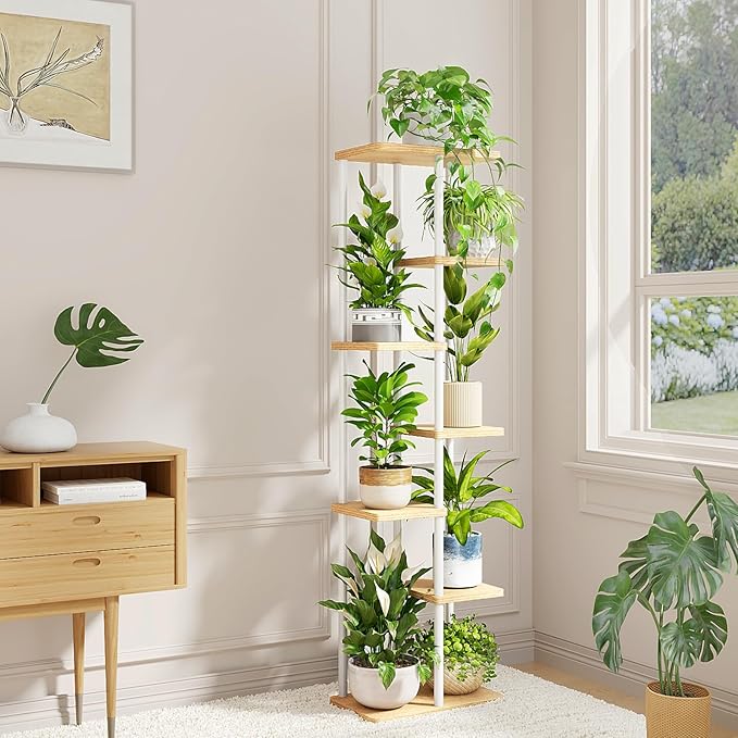 Bamworld Tall Plant Stand Indoor, 7 Tier Plant Shelf for Multiple Plants, Tiered Flower Pot Stands for Patio Garden Balcony Living Room Bedroom, White