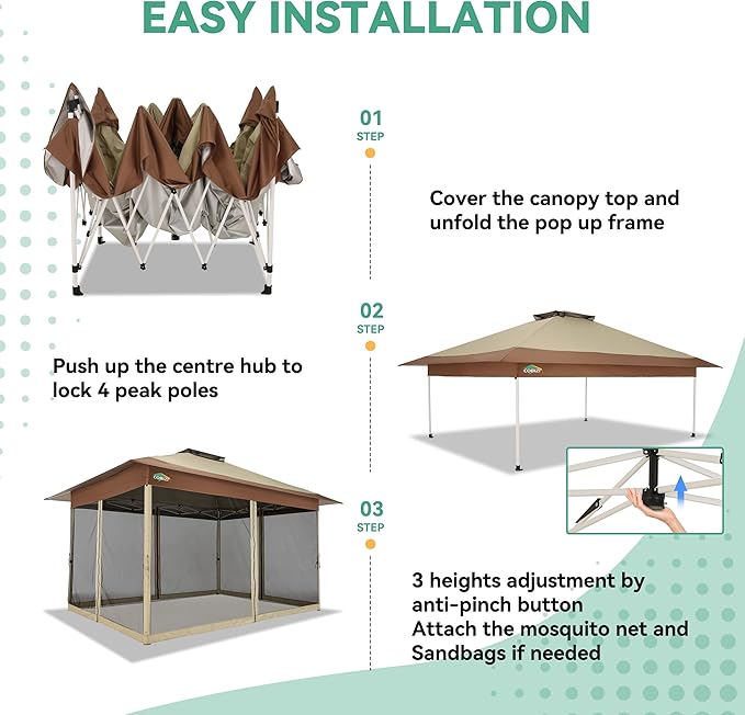 COBIZI 13x13 FT Pop up Gazebo on Clearance - Outdoor pop up Canopy Tent,carpas para Patio, Shelter - Screen Tents with Portable Carry Bag, Patio Gazebos for Camping,Garden,Deck,Backyard,Khaki