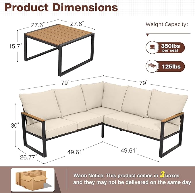 Metal Patio Furniture Set, 6 Pieces Outdoor Sectional Sofa Set with Side Table, L Shape Patio Conversation Set with Faux-Wood Tabletop, Outdoor Couch for Balcony, Porch, Backyard,Beige