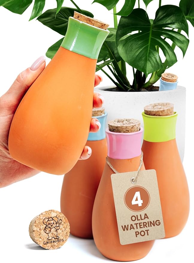 4 Pcs Ollas Terracotta Watering Pots Large - 14 Oz Self Watering Planter Insert Olla Watering System For 1-week Easy To Refill - Clay Plant Watering Globes For Outdoor & Indoor Plants [4 PCS, Bright]