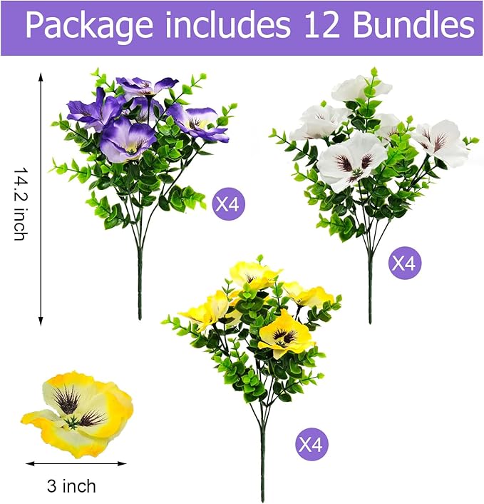 Pansies Artificial Flowers for Outdoors UV Resistant 12 Bundles Silk Pansy Plastic Fake Plants Flowers for Home Outside Garden Window Box Patio Planter Porch Decor (Mixed Color2)