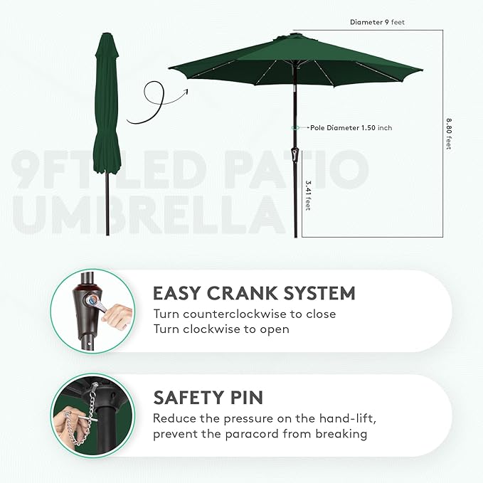 JEAREY Upgrade 9FT LED Lighted Patio Umbrella, Solar Outdoor Umbrella, Tilt Table Umbrella for Pool, Deck & Yard(Dark Green)