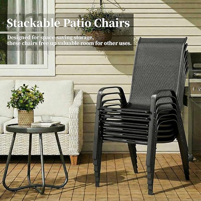 MAMIZO Patio Dining Chairs, Stackable All Weather Teslin Chair, Heavy Duty Outdoor Breathable Chairs Set, w/Armrests, Upgraded Chair FeetW/Strenthened Iron Spacers, 330 LBS (6, Black)