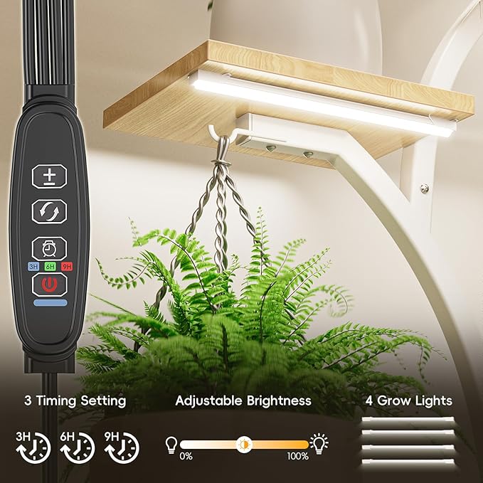 Plant Stand Indoor with 4 Grow Lights - 63" Tall Plant Shelf- 8 Tiered Corner Plant Flower Stands Display Shelves for Home, Patio (White)