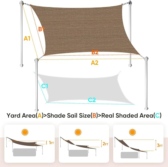 Quictent 12x16ft Rectangular Sun Shade Sail 185G HDPE Canopy 98% UV Block Outdoor Patio Garden Commercial Deck with Hardware Kit Brown