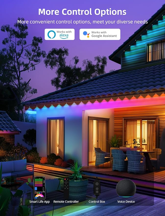 APPECK Permanent Outdoor Lights 50ft with 36 RGBW LEDs, DIY Scene Modes, LED Eaves Lights Waterproof with App Control, for Daily Holiday House Decorations, Voice/Remote Control, Black