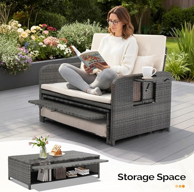 VINGLI Patio Daybed, Wicker Outdoor Daybed with Storage Ottoman & 5-Level Adjustable Backrest, All-Weather Rattan Cushioned Patio Loveseat Sofa for Garden Balcony Backyard (Beige, Gray)
