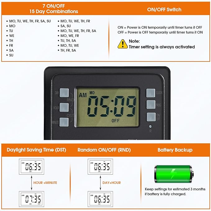 SURAIELEC Outdoor Power Stake, 7-Day Programmable Digital Timer, Power Strip Weatherproof, 6 Multi Plug Electrical Outlet Waterproof, 6FT Extension Cord for Outdoor Light, Outside Halloween Decoration