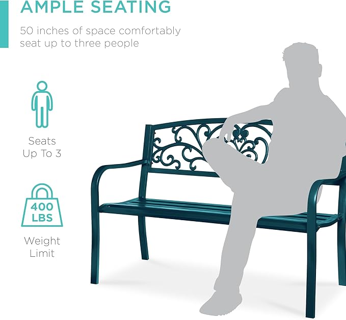 Best Choice Products Outdoor Bench Steel Garden Patio Porch Furniture for Lawn, Park, Deck w/Floral Design Backrest, Slatted Seat - Peacock Blue
