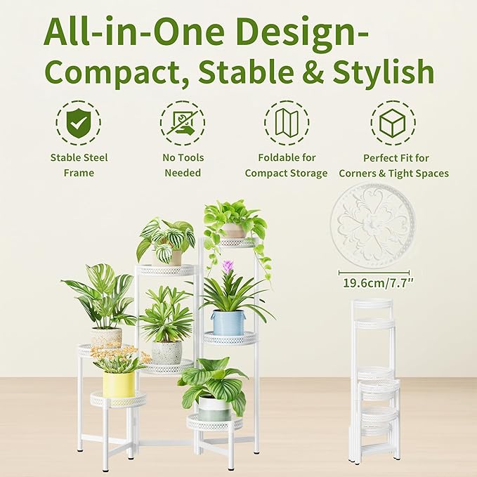 7 Tier Plant Stand Indoor Outdoor, Corner Tiered Plant Stands, Planter Display Rack for Multiple Plants, Wrought Iron Flower Stand, Folding Tall Plant Rack Shelf for House Patio Garden - WhiteWave