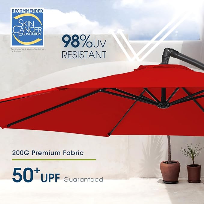 wikiwiki 10ft Patio Umbrella with Base Included, Outdoor Offset Cantilever Umbrella with Sandbag Base for Backyard, Garden and Pool, Easy to Tilt and Crank, Red