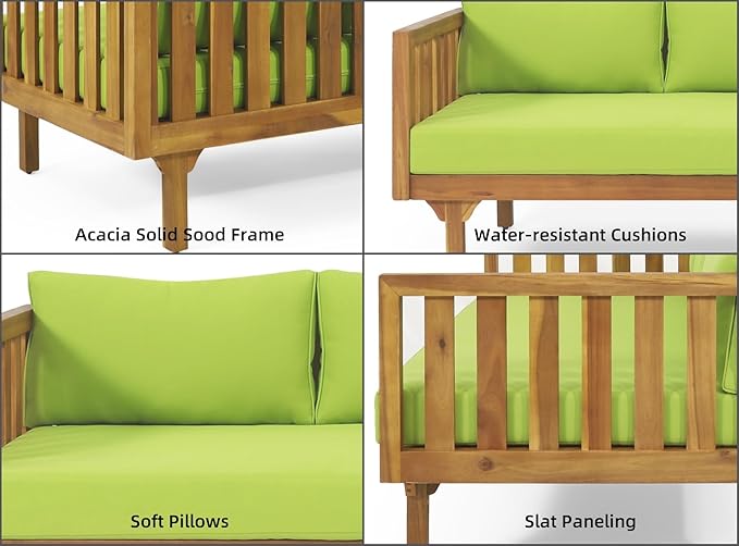 Merax Outdoor 3 Seater Daybed, Acacia Wood Day Bed Couch Sofa with Cushions for Patio Backyard, Garden, Green