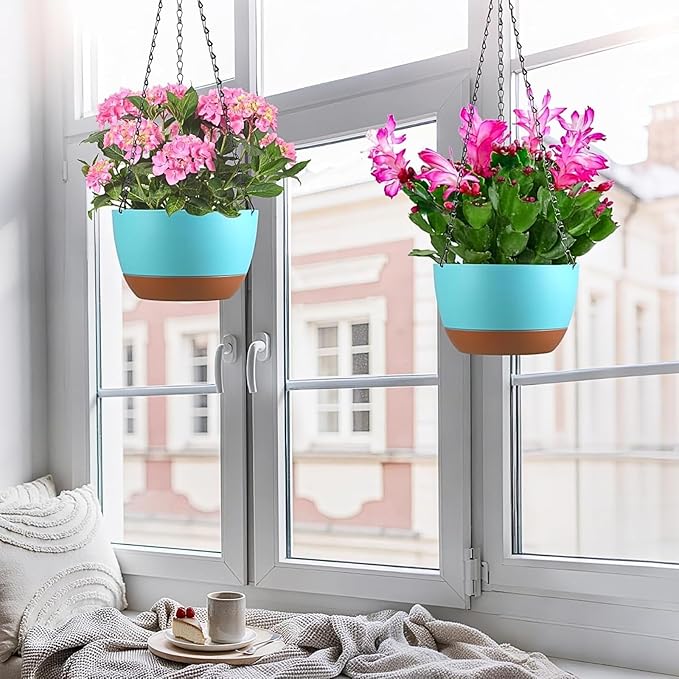 Hanging Planters for Indoor Plants, Set of 2 8/10 Inch Self-Watering Hanging Pots with Drainage Hole & Removable Water-Storage Tray II Screw-in Hooks