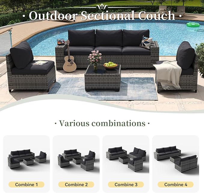 Aoxun 6 Piece Patio Furniture Set with Wide Armrests Wicker Rattan Outdoor Sectional Sofa Set with Coffee Table and Thickened Cushions, Grey/Black(Waterproof Cover Included)