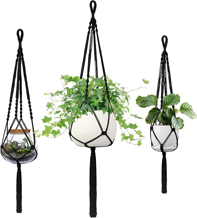 Macrame Plant Hanger - Fits 4 to 13 inches Pots for Indoor Outdoor, 34"/41"/46" 3 Sizes Set, Black (POTS NOT Included)