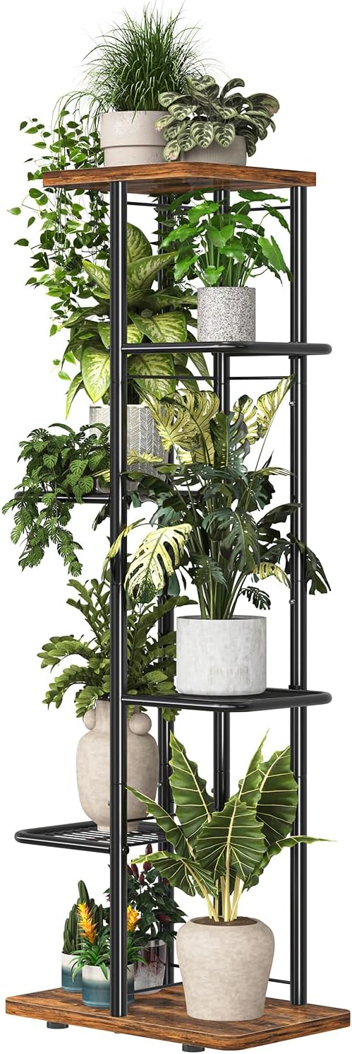 Simple Trending Plant Stand Indoor, Tall 6 Tier Metal Plant Shelf for Multiple Plants, Tiered Flower Pot Stands for Patio Garden Balcony Living Room Bedroom, Brown
