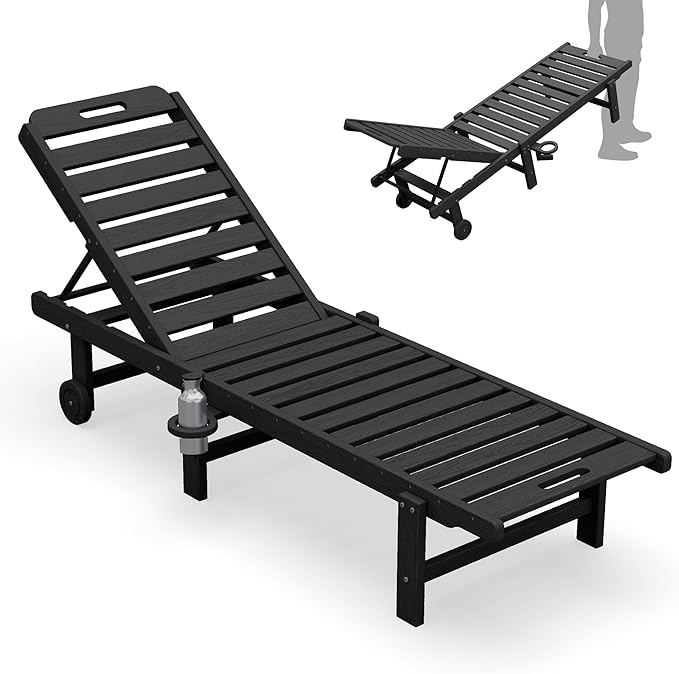 SERWALL Patio Chaise Lounge Chair, HDPE Outdoor Lounge Chair with Cup Holder, 5 Positions Adjustable Poly Lounger with Rolling Wheels for Poolside, Deck, Sunbathing, Black
