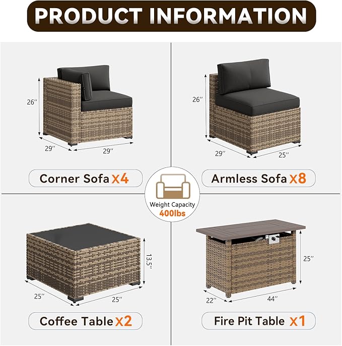 Aoxun Patio Furniture Sets, 15-Piece Outdoor Patio Furniture with 44'' Propane Gas Firepit Table, Wicker Outdoor Conversation Set Sectional Sofa for Backyard, Poolside, Garden