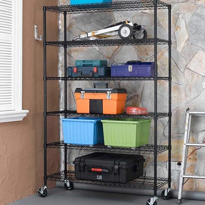 BestOffice | 6-Tier Wire Storage Shelves with Wheels | 18x48x78 | Black | Adjustable Racks | Heavy-Duty Metal Shelf, Holds Upto 600 lbs | No-Tool Assembly | Ideal for Home & Garage Shelving