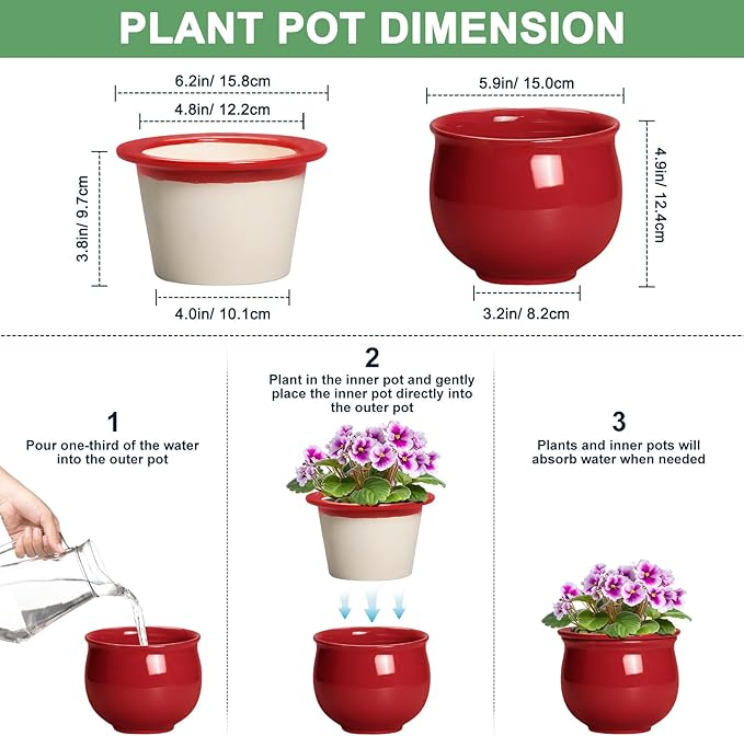 Ceramic Self Watering Planter, 6 Inch African Violet Pots with Absorbent Inner Pot, Round Self Watering Pots, Ceramic Flower Pot for Plants Indoor, Porch Decor, Plant Lover Gifts for Men, Red