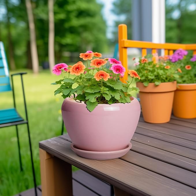 6 Inch Plant Pot - Ceramic Pot for Indoor Plants, Glaze Modern Decorative Round Ceramic Planter with Drainage Hole and Saucer, Plant Lover Gifts, Home Garden Room Office Decor, Pink