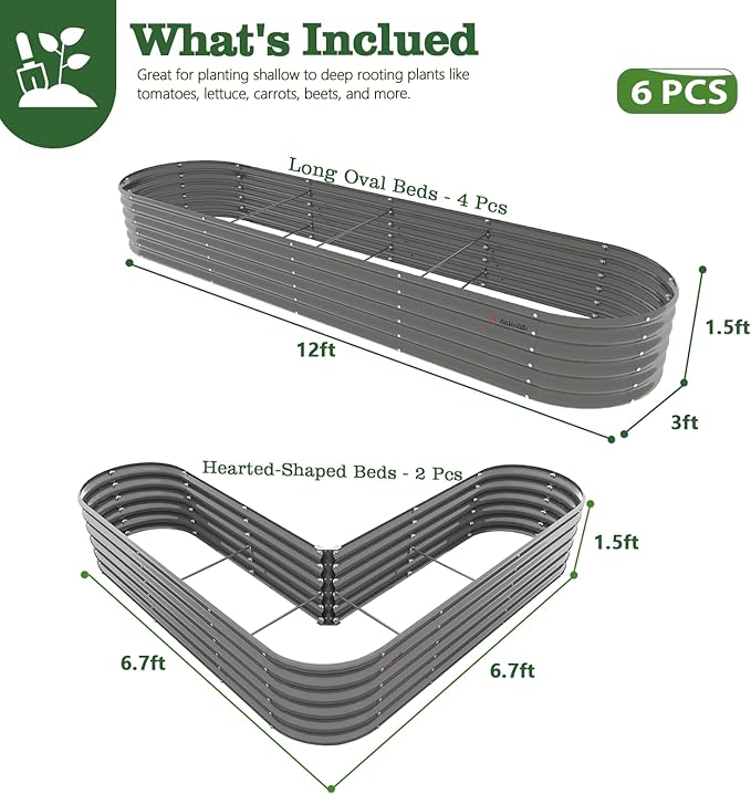 A ANLEOLIFE Set of 6, 18 Inch Tall Quartz Grey Raised Garden Beds Kit, Heart-Shaped & Long Oval Planters for Creative Garden Layouts.