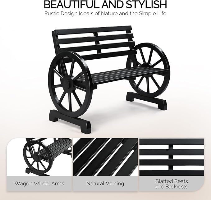 VINGLI Rustic Wooden Wheel Bench Outdoor Bench, Patio Bench Wagon Slatted Seat, Garden Benches for Outdoors 350lbs High Capacity, Weather Resistance (Black, 41in)