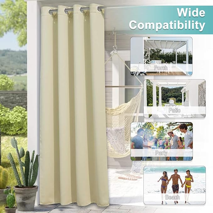 NICETOWN Indoor & Outdoor Curtain for Porch Waterproof, Room Divider Thermal Insulated Blackout Extra Wide Sliding Door Blind for Gazebo/Front Porch, Beige, 1-Pack, 100 Inch Wide by 108 Inch Long