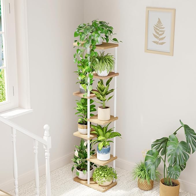 Bamworld Tall Plant Stand Indoor, 7 Tier Plant Shelf for Multiple Plants, Tiered Flower Pot Stands for Patio Garden Balcony Living Room Bedroom, White