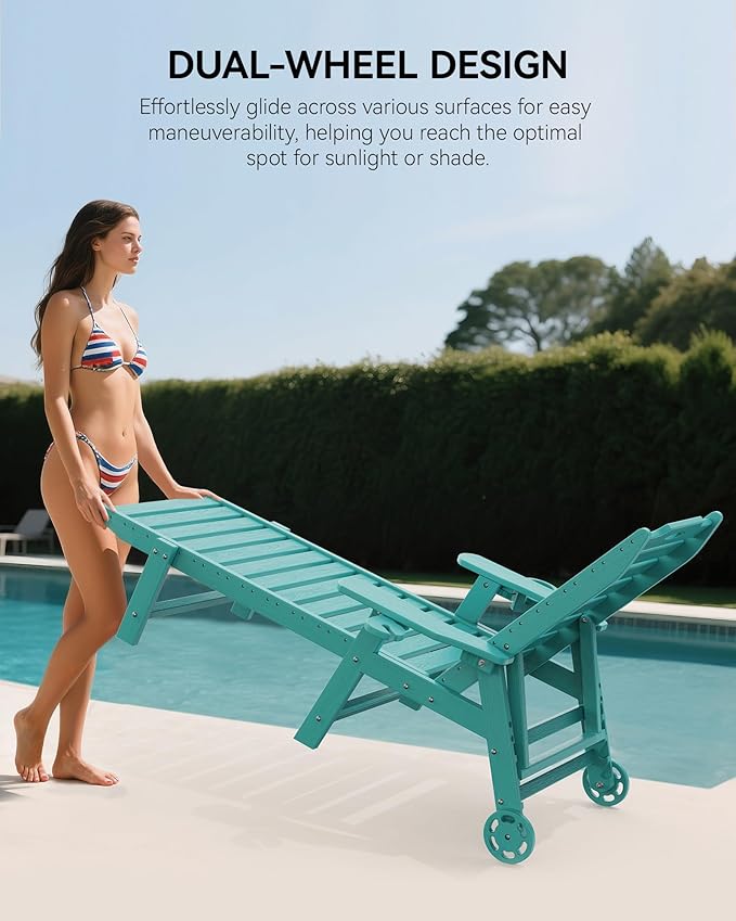 Carauci Lounge Chair Outdoor Set of 2, HDPE Chaise Lounge with Wheels, 5-Position Adjustable Backrest & 2 Cup Holders Patio Lounge Chair, All-Weather Pool Sun Lounger for Poolside, Backyard, Lake Blue