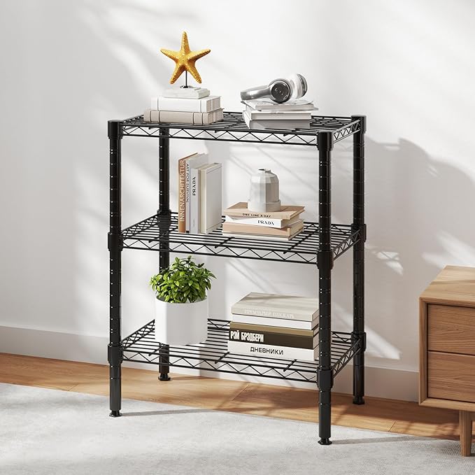 DUMOS 3-Tier Metal Wire Storage Shelves, Adjustable Standing Storage Rack Shelf, Heavy Duty Steel Shelving Unit Organizers for Kitchen Bathroom Pantry Garage, 23.3" W×13.4" D×30" H, Black