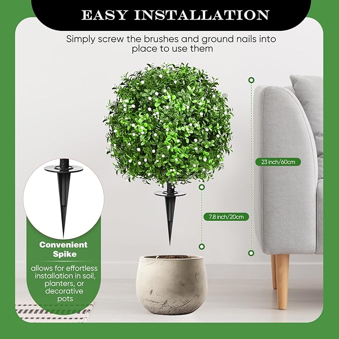 Artificial Topiary Bushes for Outdoors with Spike, Boxwood Ball Fake Shrubs UV Resistant Faux Plants for Indoor Outdoor Fall Thanksgiving Halloween Decor (Gypsophila Boxwood White-2 Packs)