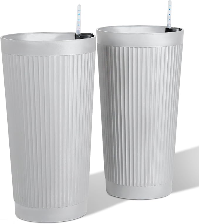 24” Tall Outdoor Planters Set of 2, Self Watering Flower Pots White Planters for Outdoor Plants, Modern Plastic Tall Planter for Front Porch, with Drainage Hole (Ribbed)
