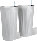 24” Tall Outdoor Planters Set of 2, Self Watering Flower Pots White Planters for Outdoor Plants, Modern Plastic Tall Planter for Front Porch, with Drainage Hole (Ribbed)